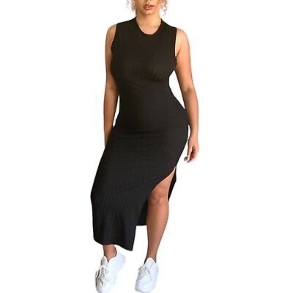 Recycled by PrettyLittleThing Dress Women's XL Black Rib High Neck Split Midi